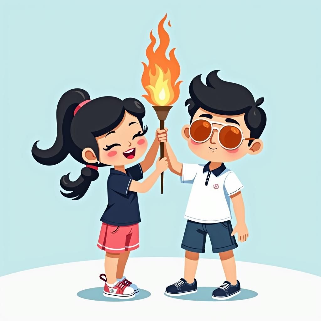 Stylized Cartoon Couple Hold Olympic Flame