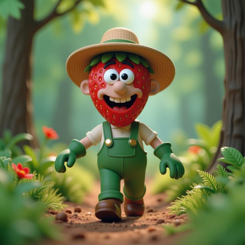 Claymation Strawberry Gardener in Vibrant Forest