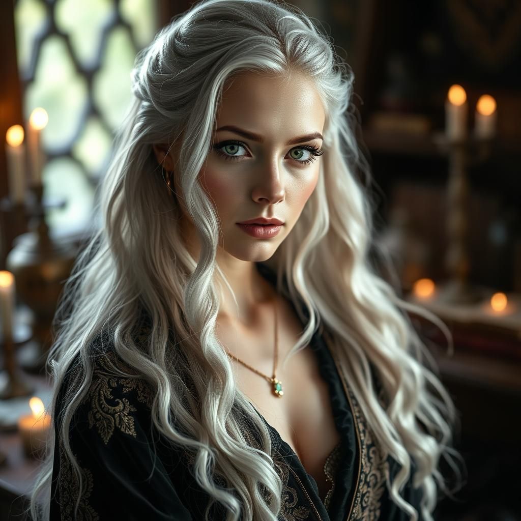 Enchanting Female Mage with Silver Hair, Professional Photog...