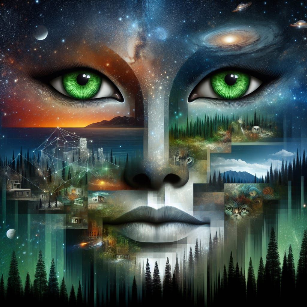 Surreal Layered Face with Celestial and Urban Scenes