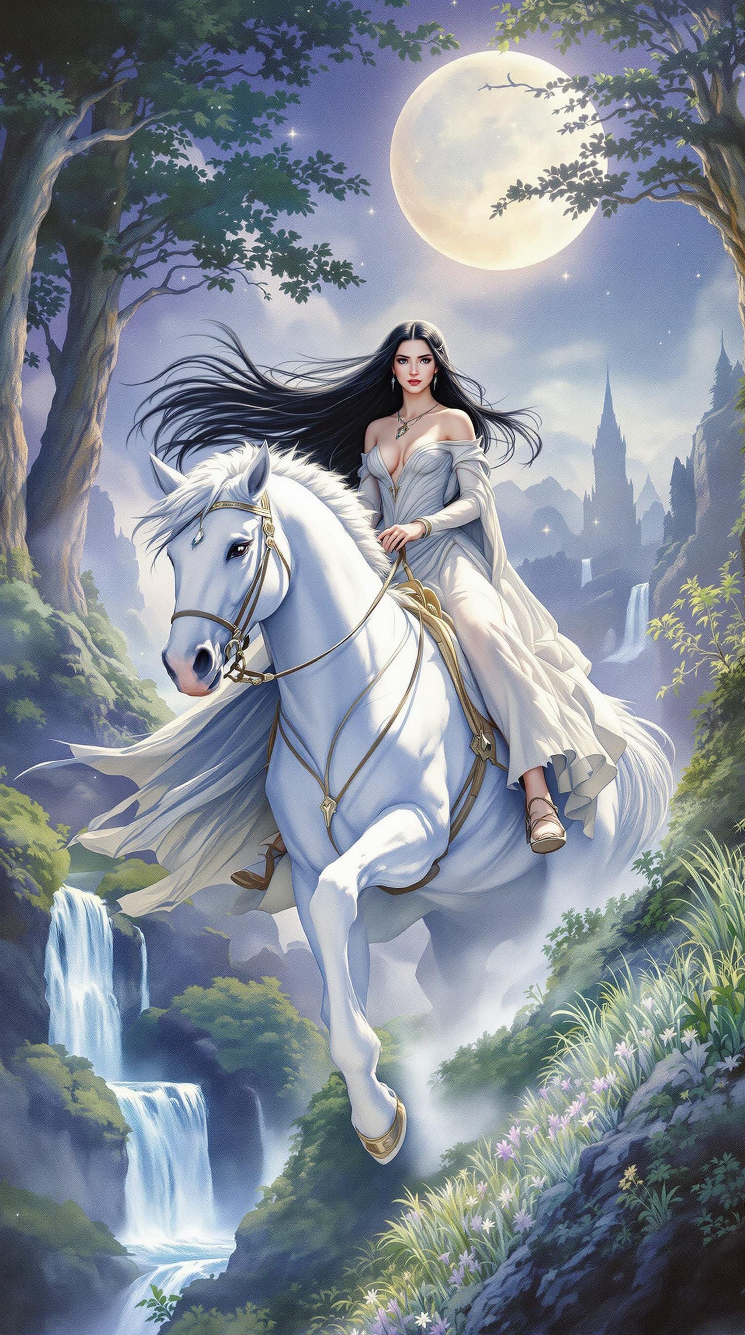 Ethereal Elf Maiden Rides Majestic White Steed Through Encha...