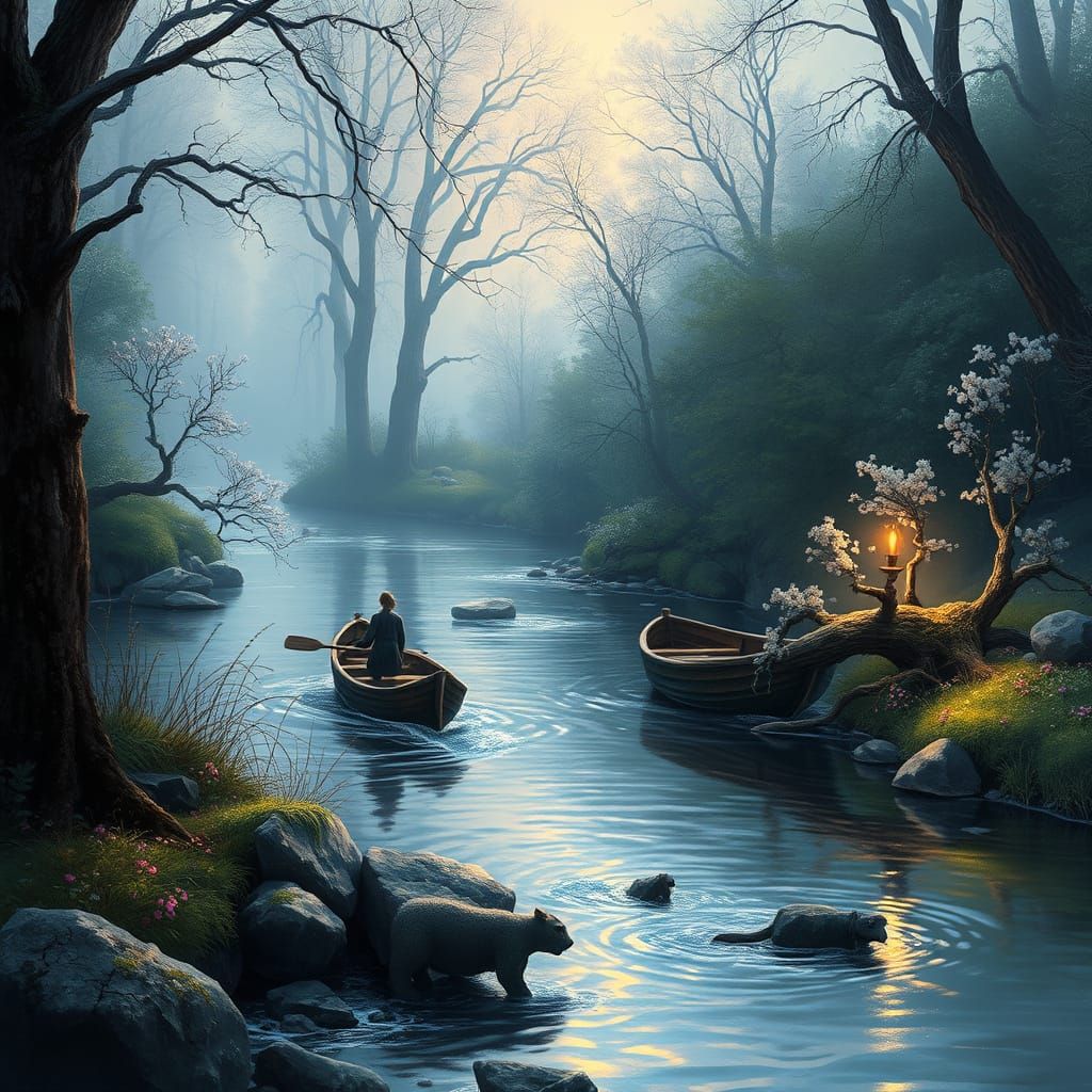 Panthers and Fawns Fall in Love by a Serpentine River in a S...