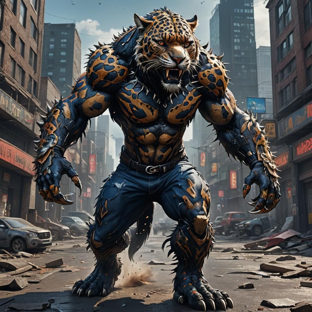 Muscular Werejaguar in City, Fantasy Concept Art