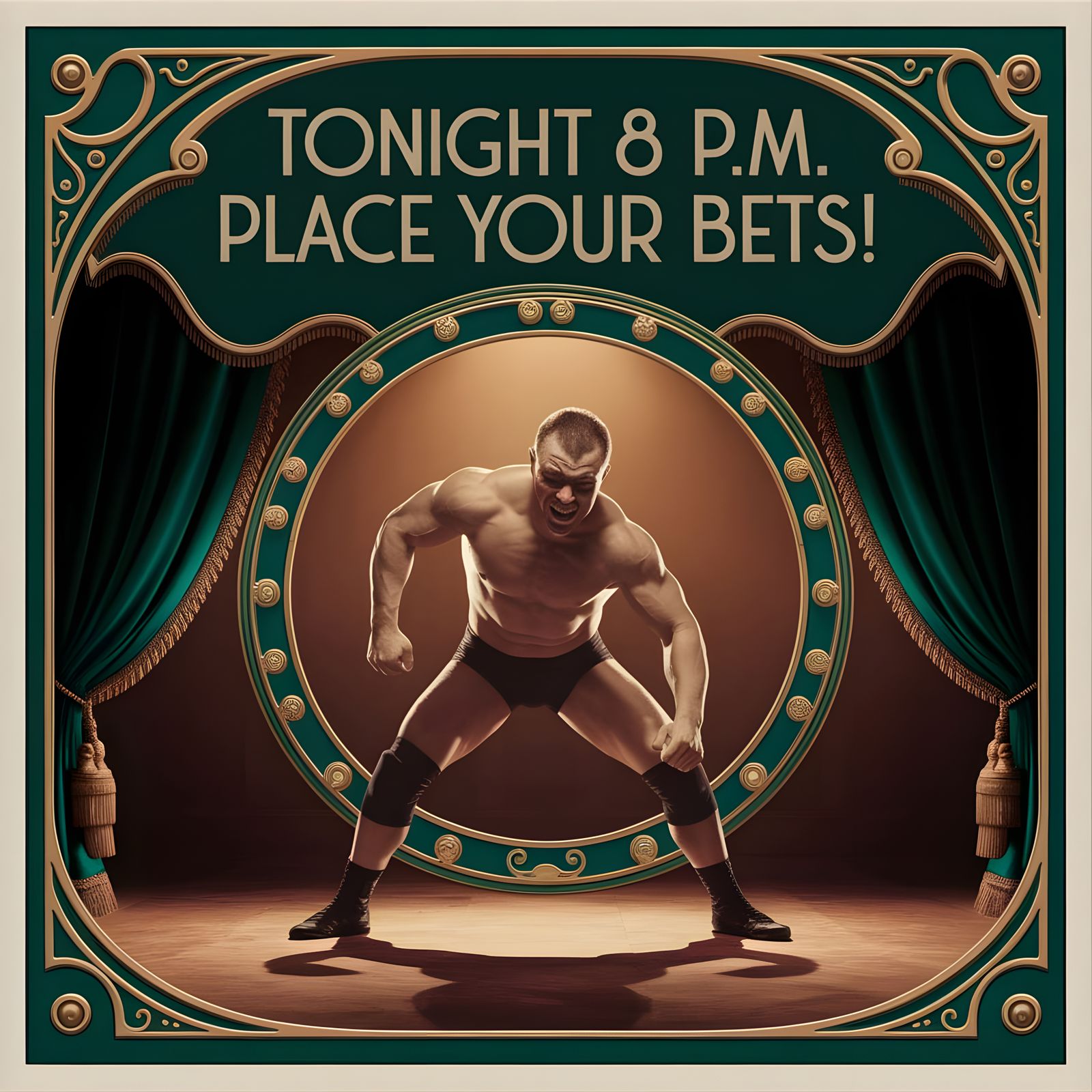 1920s Wrestling Victory Poster with Art Nouveau Frame