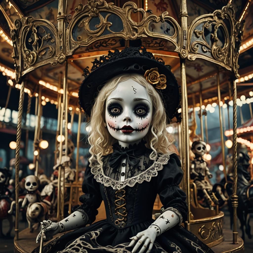 Creepy Doll Rides Carousel in Gothic Digital Art