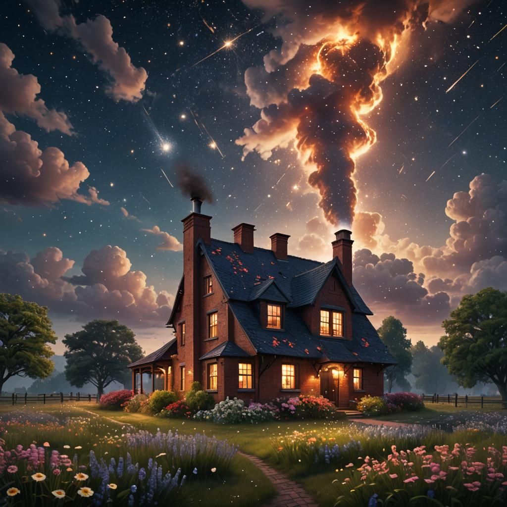 Brick House Chimney Blows Stars into Night Sky