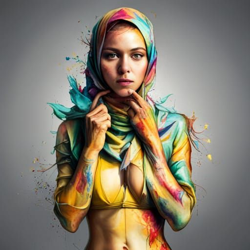 Woman in Yellow Bikini: Inkblot Oil Painting