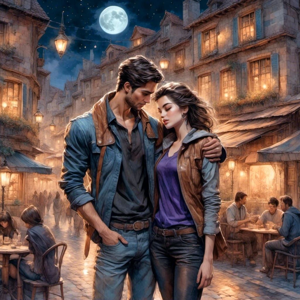 Romantic Couple Embrace Under Moonlight, Cosy Street Scene