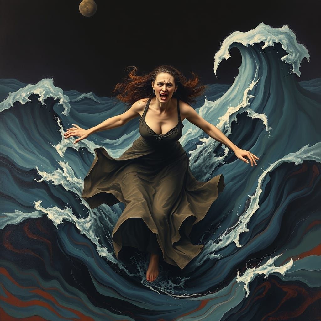 Woman Braves Turbulent Sea of Anger in Surrealist Nightmare
