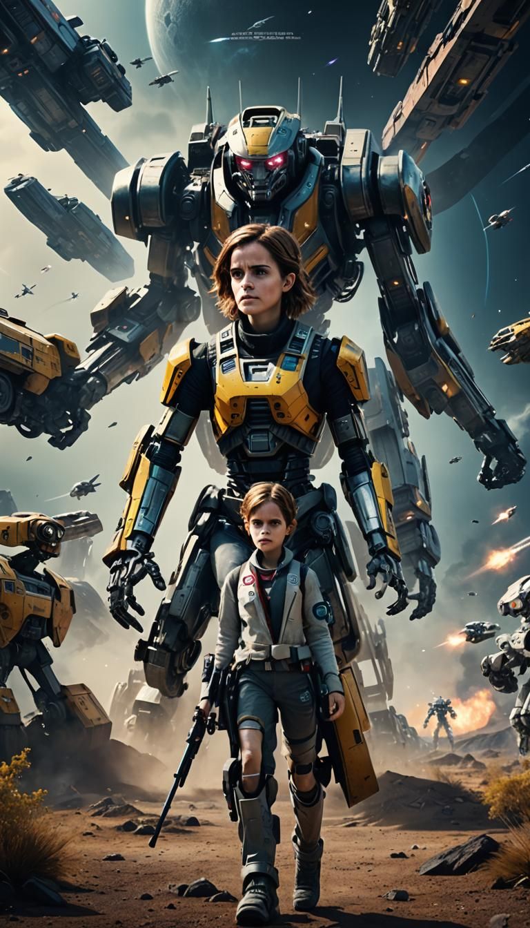Movie poster of sci-fi film with robots and spaceships starring Emma Watson with title spelling 'SOS', Cinematic film st...