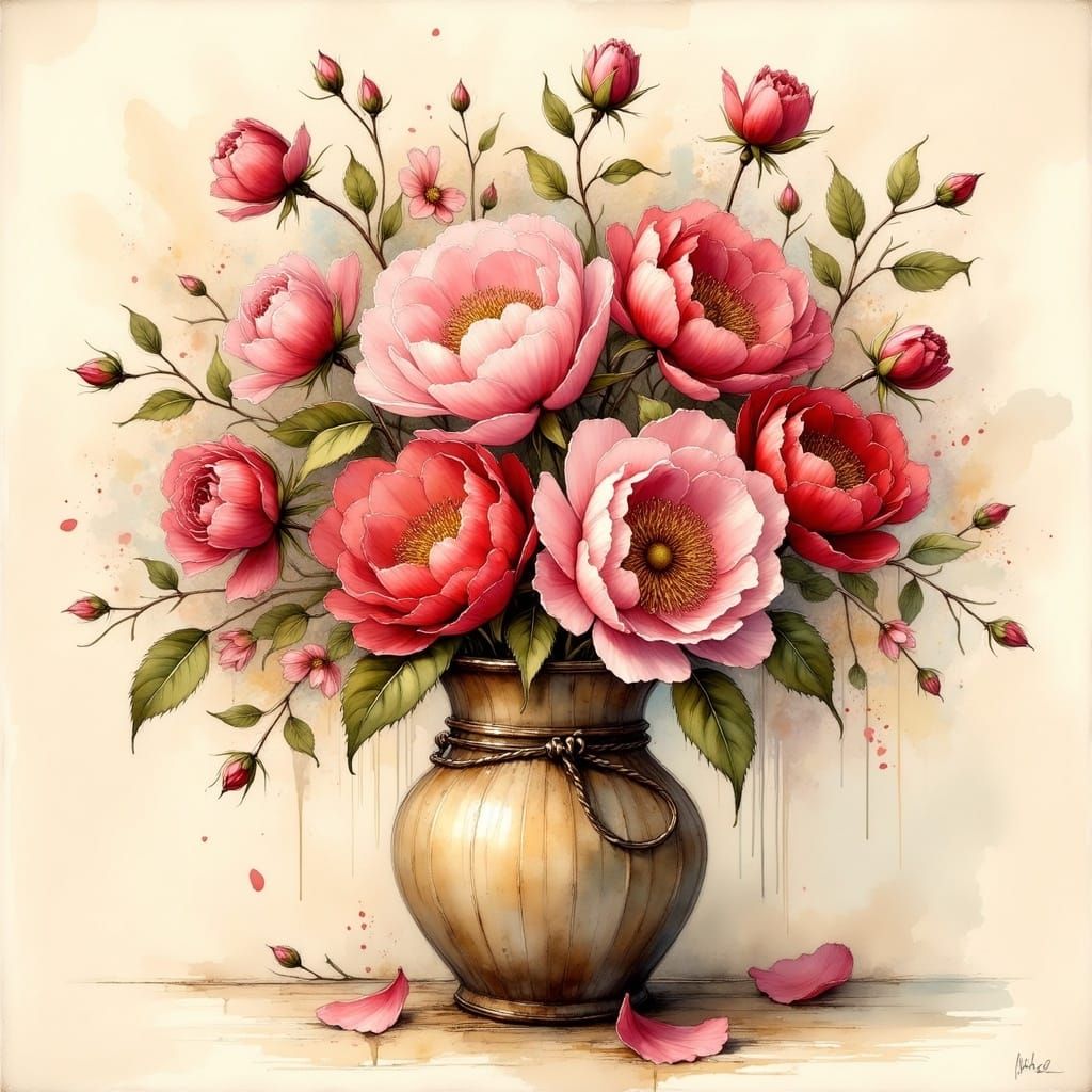 Vibrant Whimsical Floral Bouquet in Distressed Wooden Vase