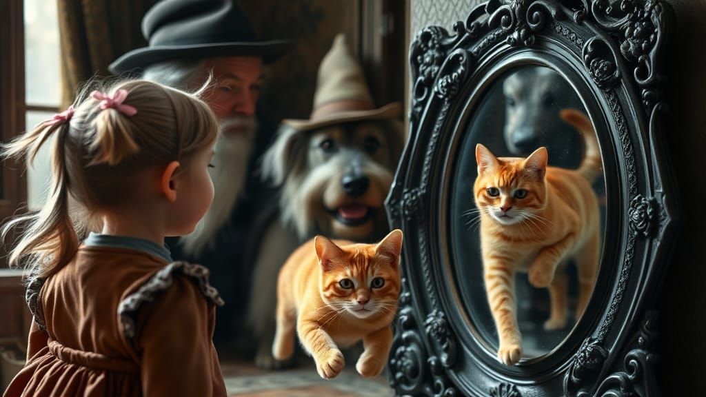 Humorous Scene with Girl, Man, Dog and Cat