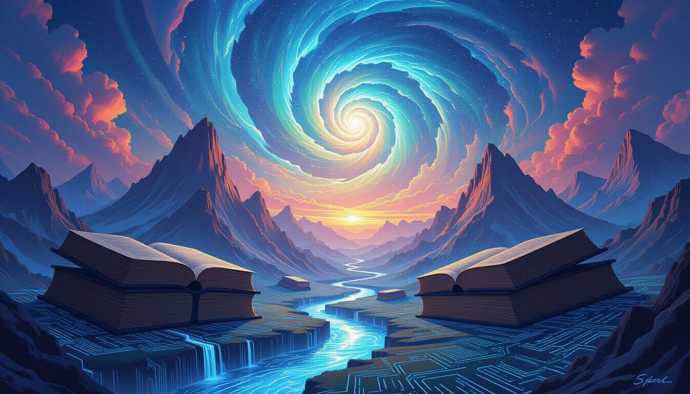 Surreal Digital Painting of Book Mountains and Code Rivers