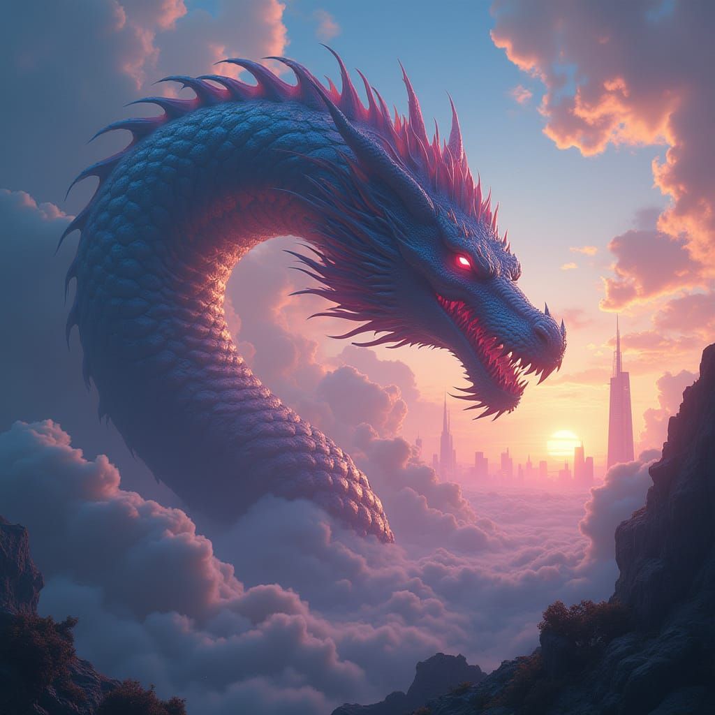 Ethereal Nuclear Dragon Confronts Cyberpunk Cityscapes