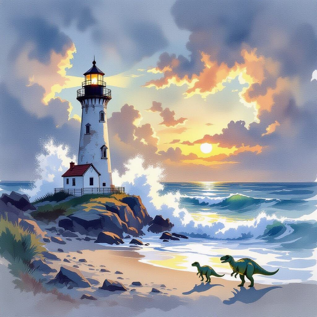 Lighthouse and Dinosaurs in Watercolor Seascape