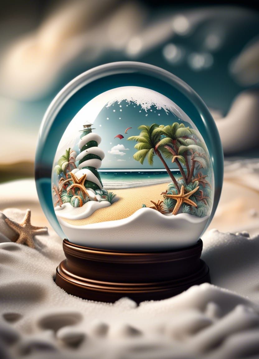 Summer to Winter Snow Globe in Hyperrealistic Style