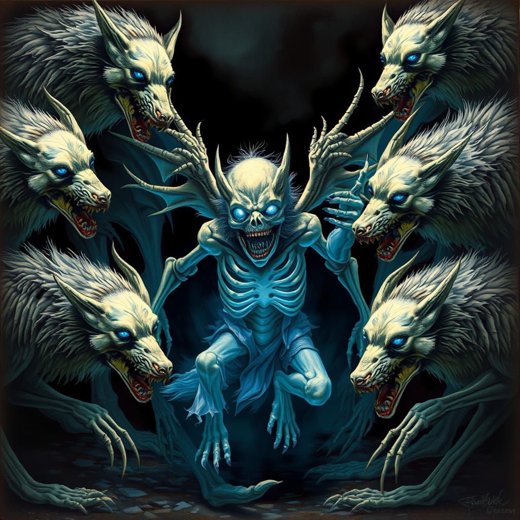 Spectral Wolves Surround Desperate Zombie Angel Demon