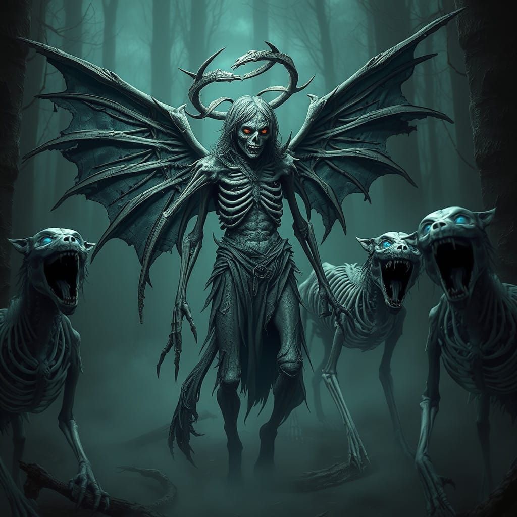 Tormented Angel Demon Beset by Skeletal Pack in Haunting Got...