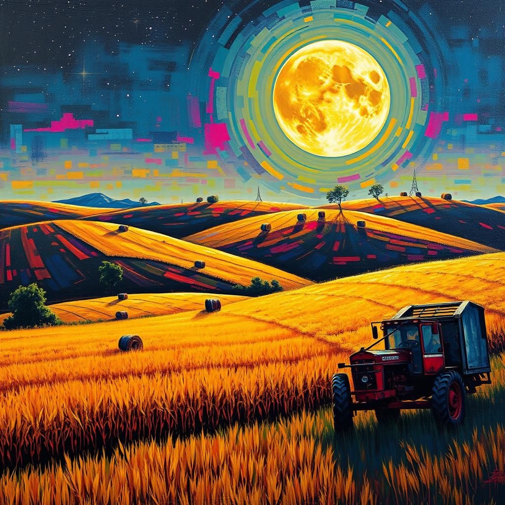 Harvest Moonlit Farmland in Urban Graffiti Style