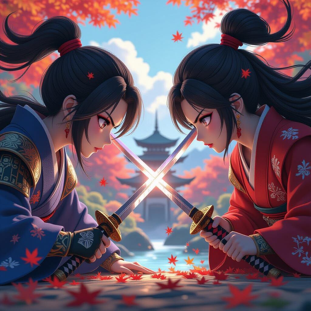 Epic Anime Battle: Glowing Swords in Autumn Zen Landscape