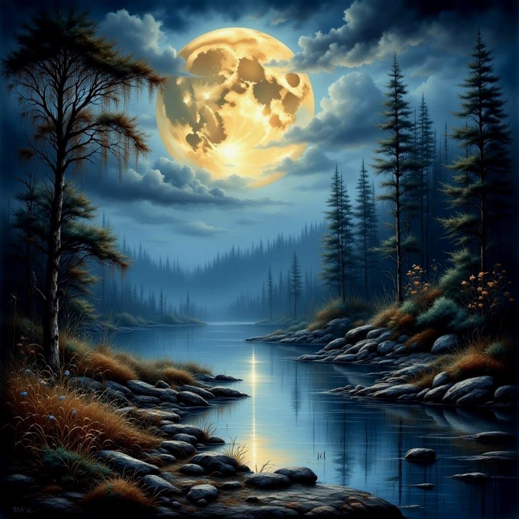 Man Painting Under Moonlight in Antique Watercolor Style