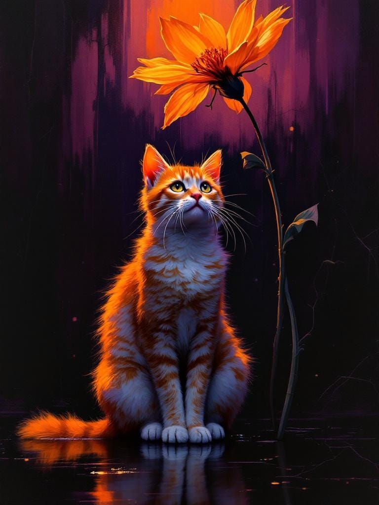 Cat Under Flower in Noir Lighting Style