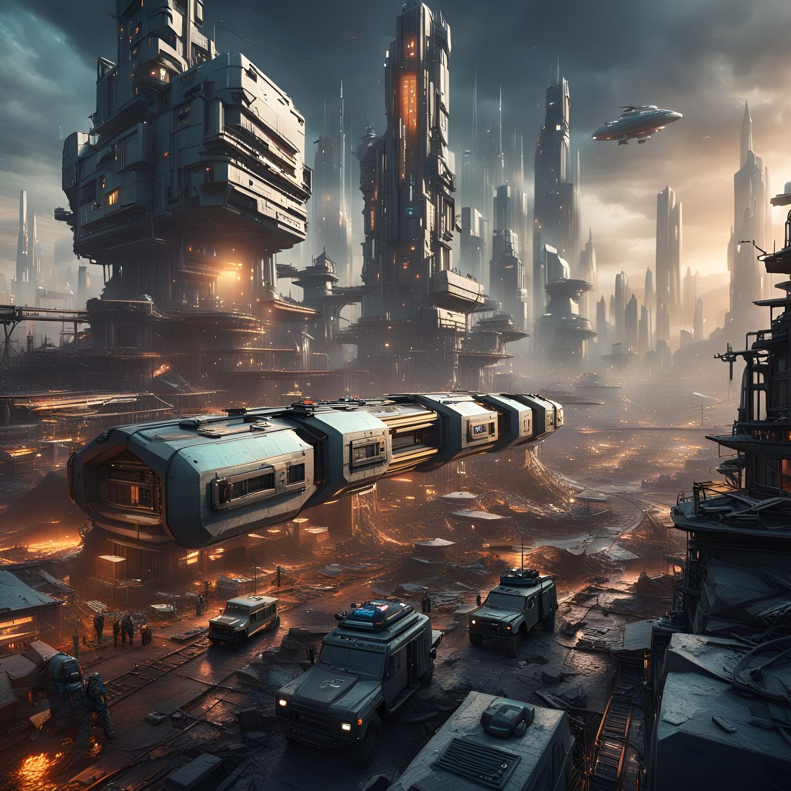 Warzone Refugees in High-Tech City: Detailed Matte Painting