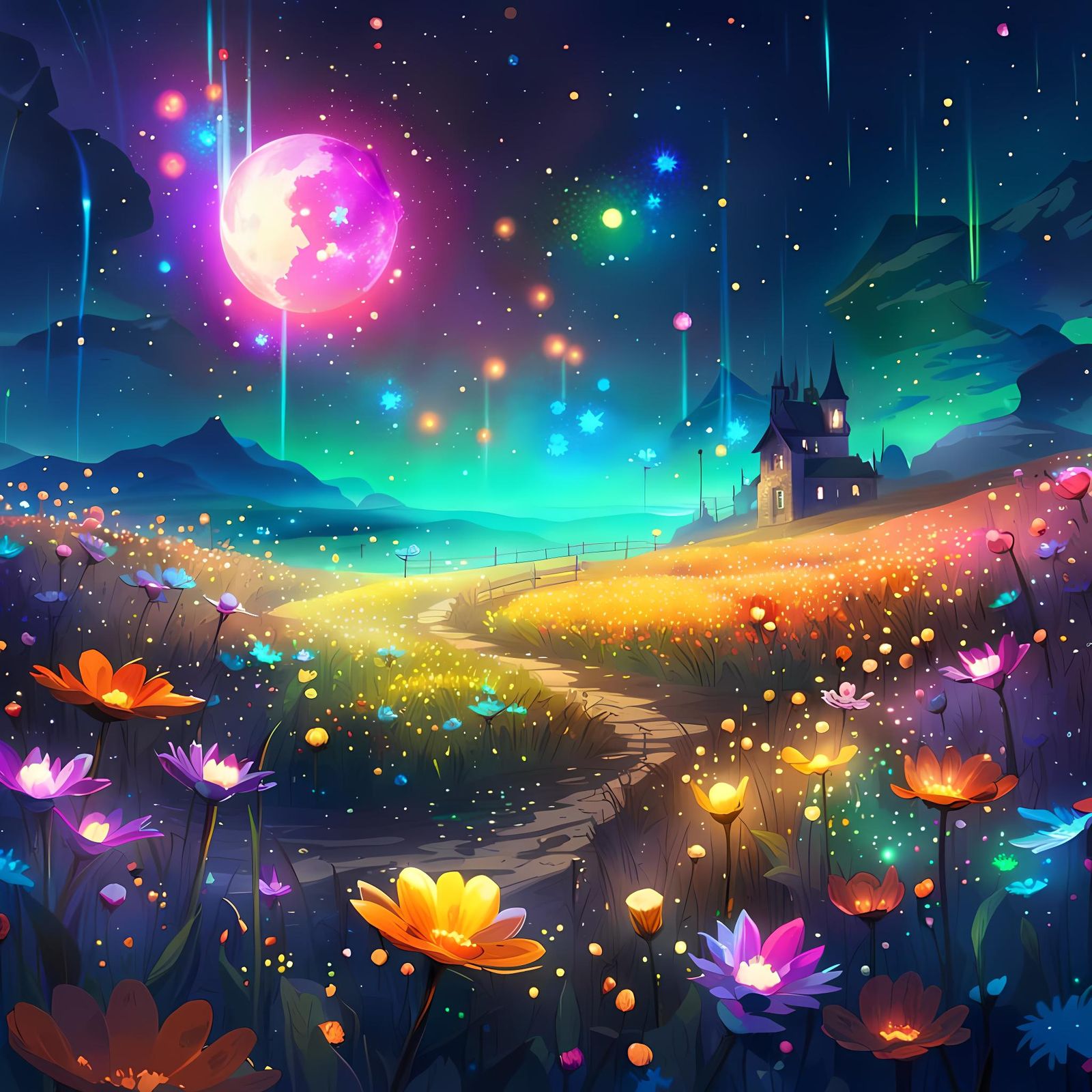Magical Flower Field Under Aurora, Photorealistic Style