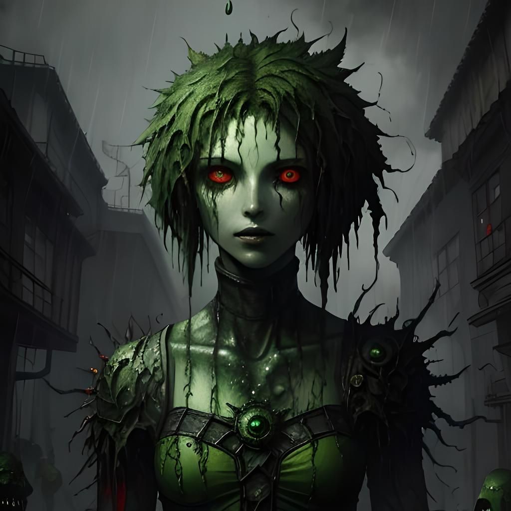 Slime-Covered Plant Girl with Red Eyes in Horror Art