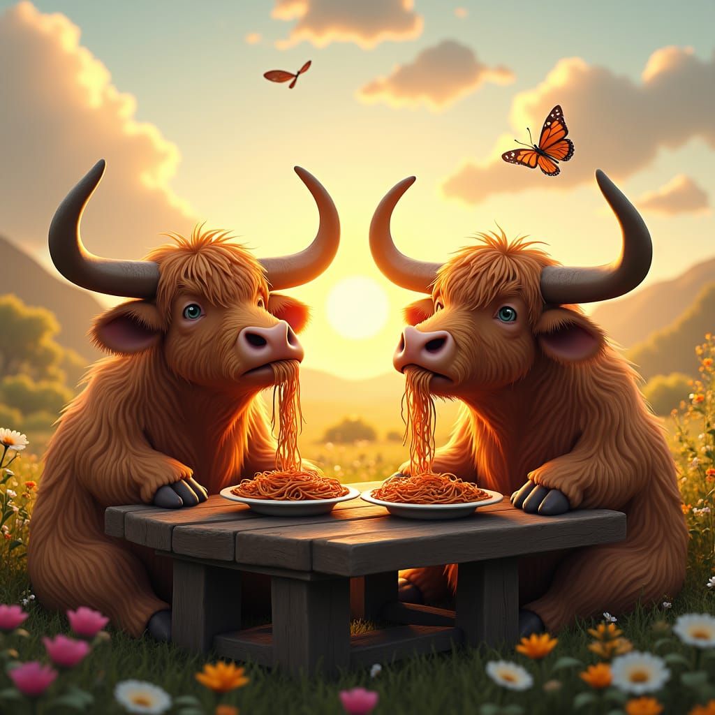 Highland Cows Devouring Spaghetti in Meadow at Sunset