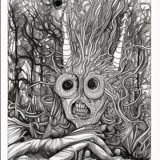 Monsters Coloring Book Page in Dark Fantasy Style
