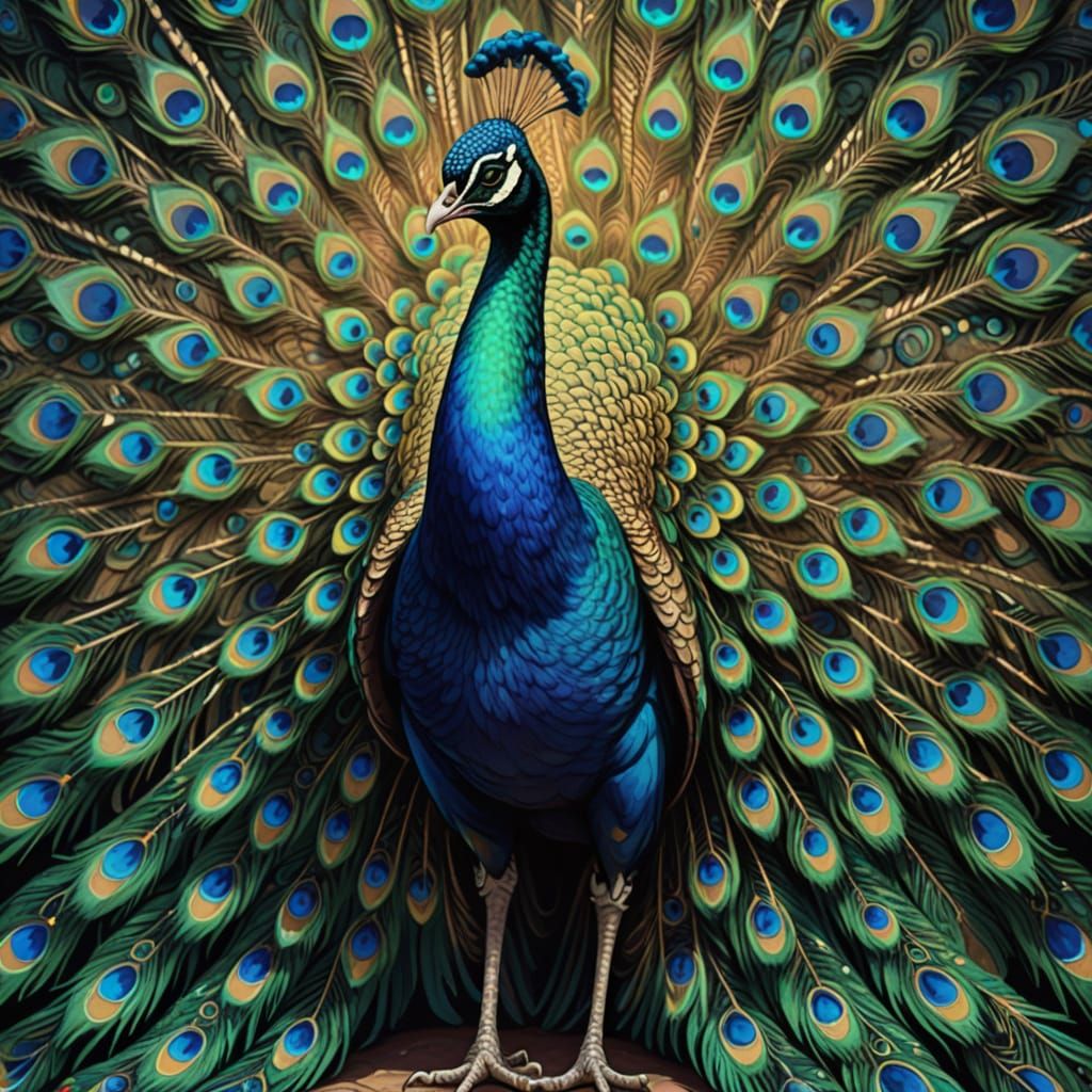 Majestic Blue and Green Peacock in Vibrant Digital Art