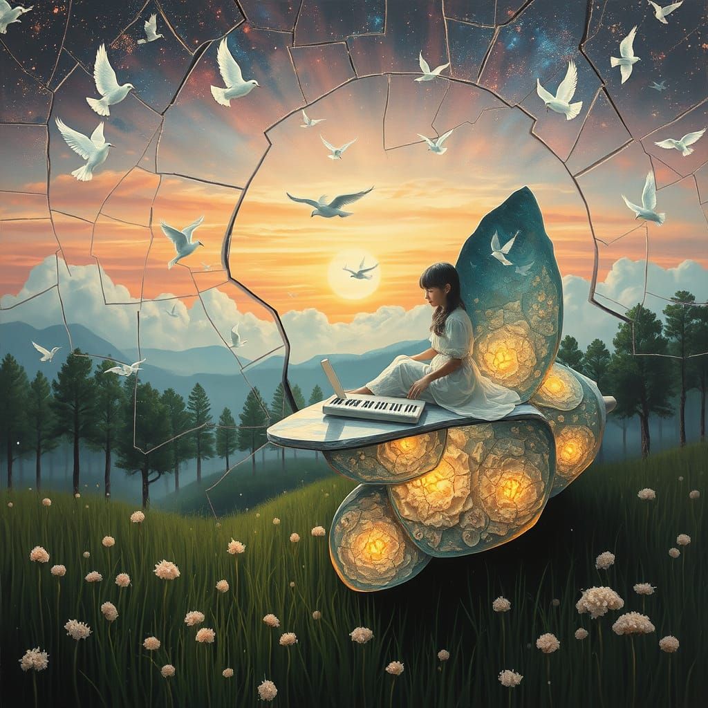 Surreal Landscape with Mythical Creatures in Dreamlike Style