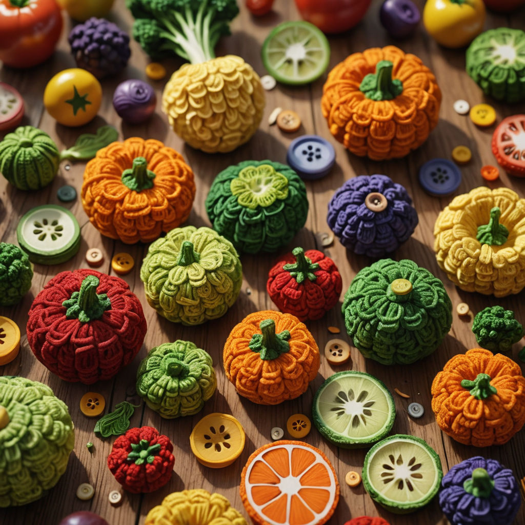 Crocheted Fruit and Vegetables on Wood Chips