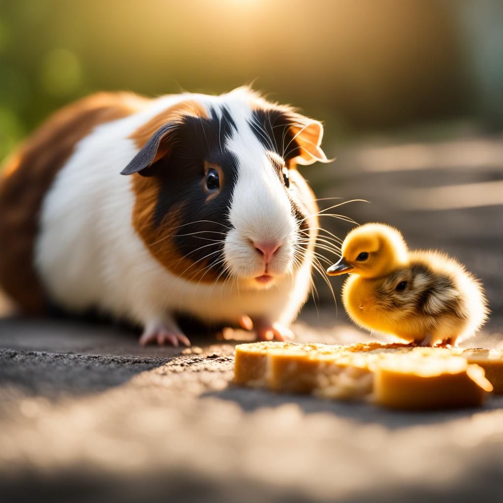 Guinea Pig and Duckling Eating Bread