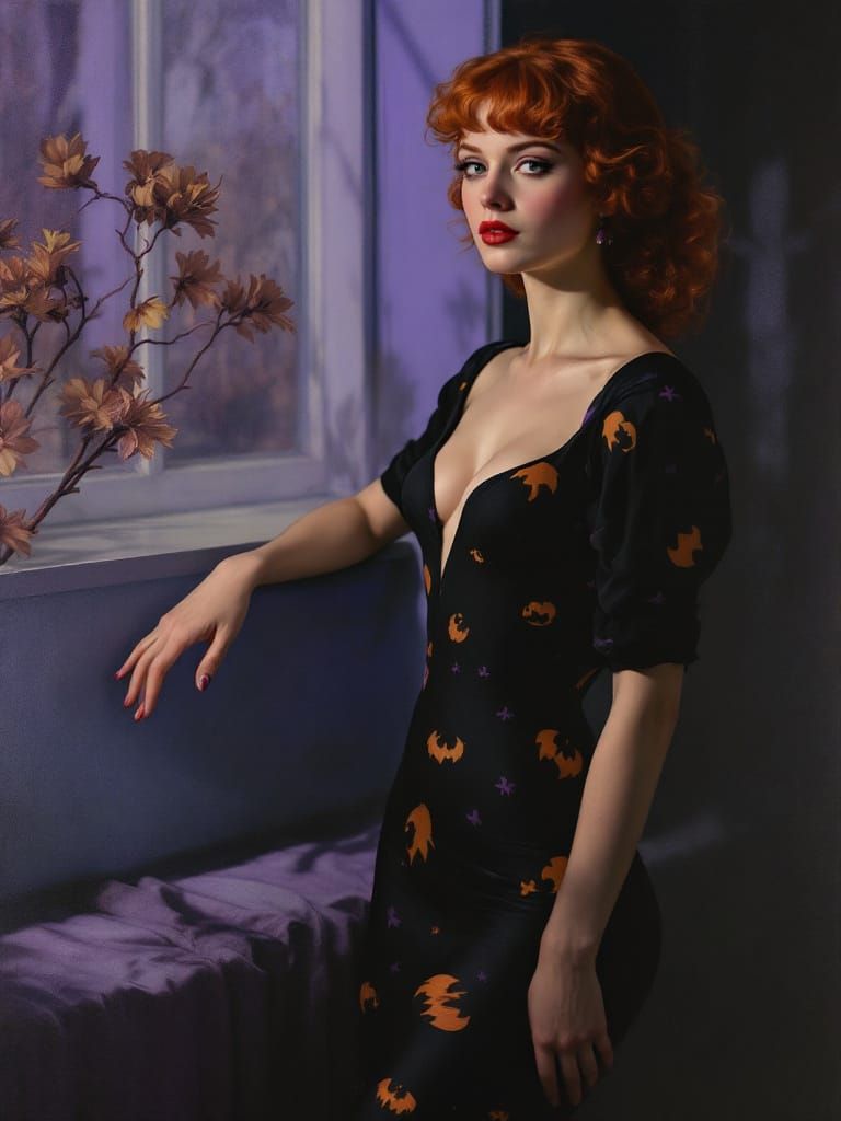 Retro Pin-Up Woman in Halloween Dress, Contemplative Style