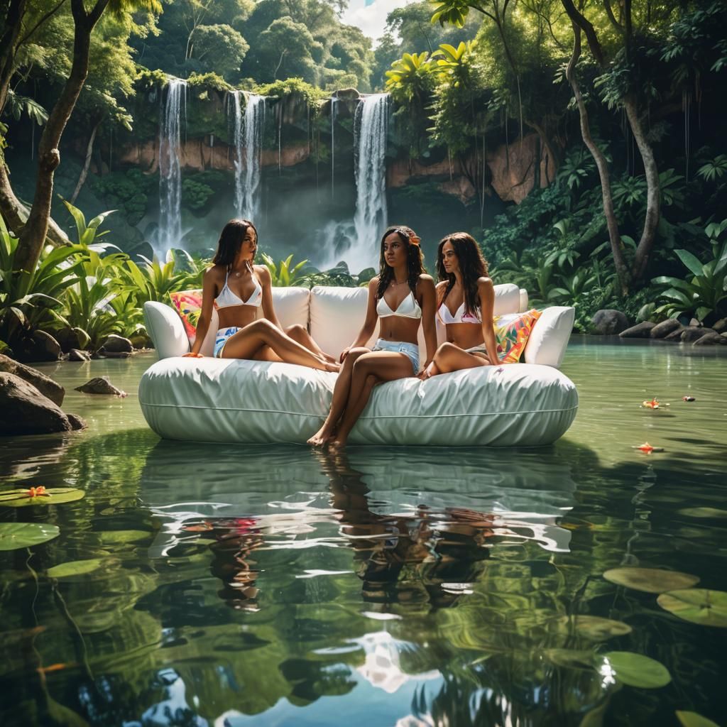 Colombian Girls on Floating Sofa in Lake