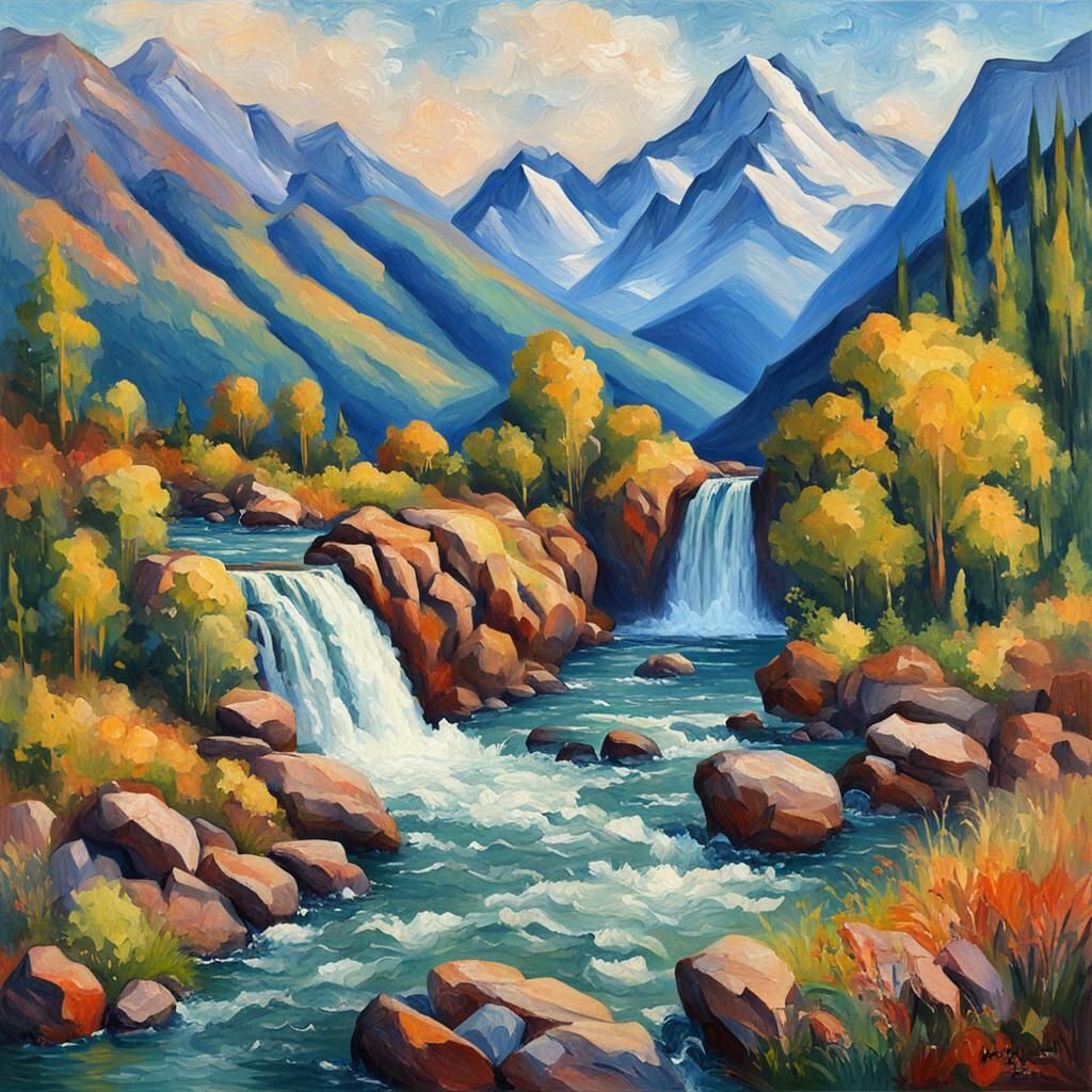 Waterfall and Mountains in Post-Impressionist Style