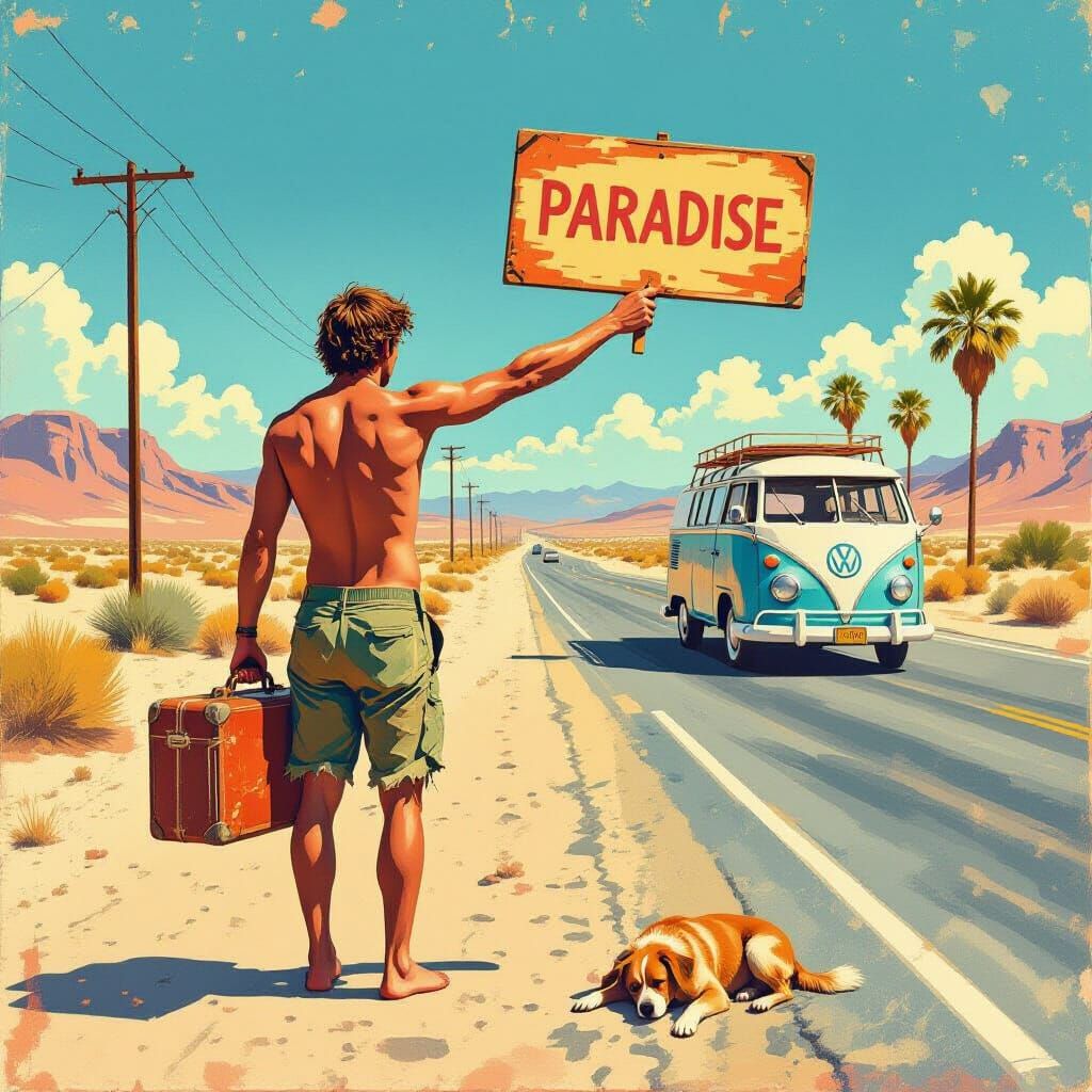 Retro Alcohol Ink Drawing of Desert Hitchhiker in Golden Hou...