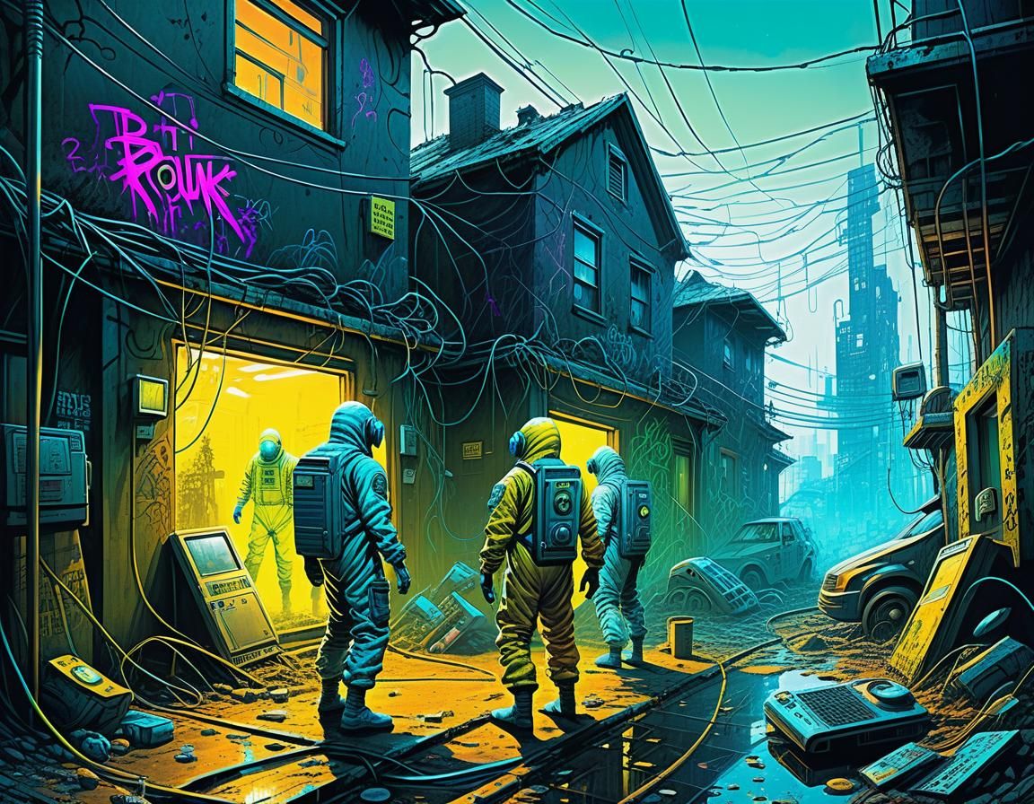 Biopunk Hazmat Explorers in Neon Graffiti City