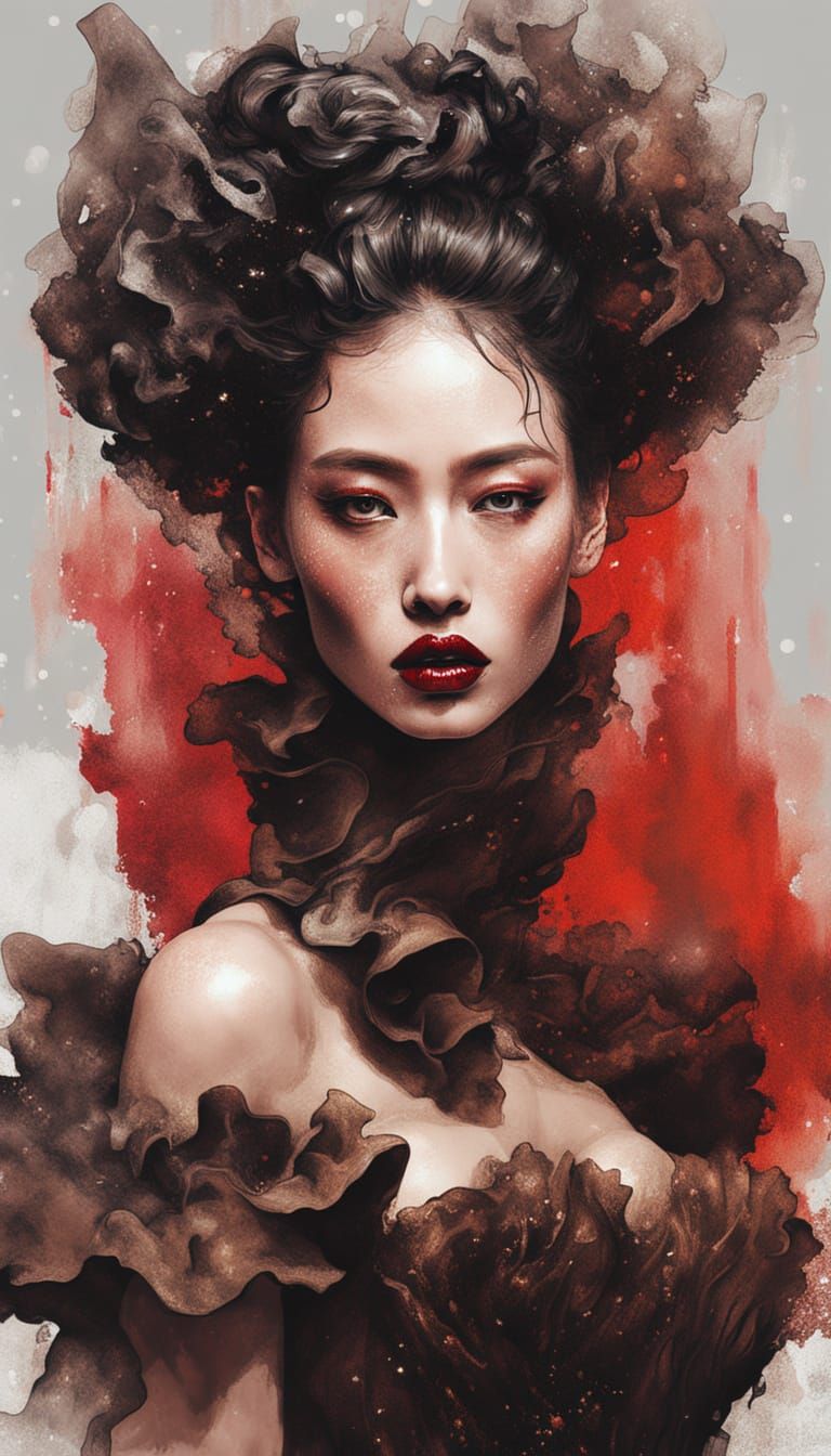 Cyberpunk Baroque Woman in Chinese Ink Painting Style