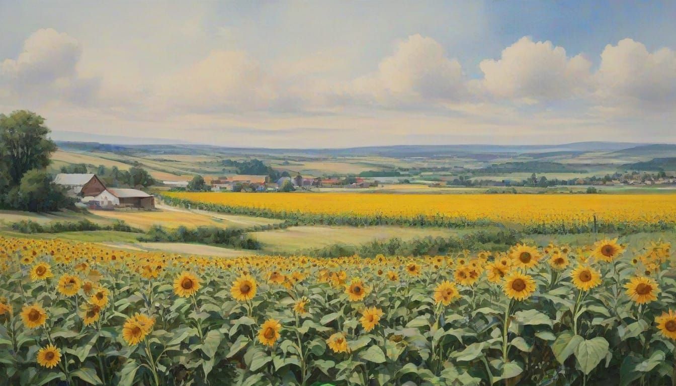 Watercolor Farm Landscape with Epic Sunflowers and Rural Agr...