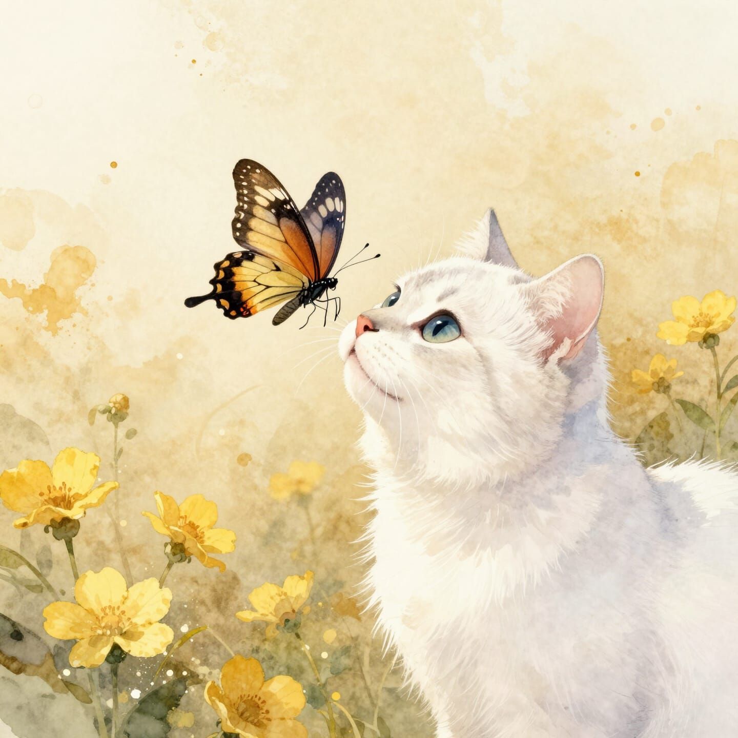 Cat and Butterfly Meeting in Watercolor Style