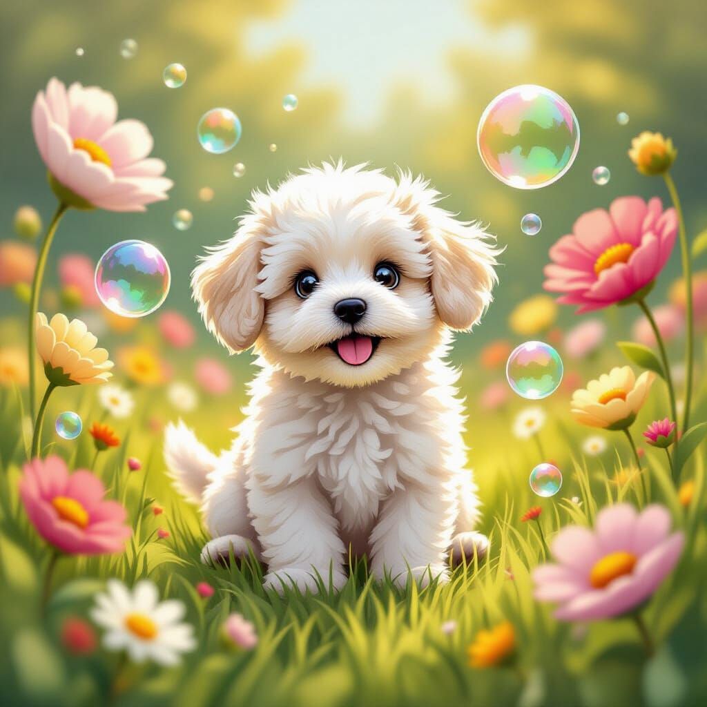 Fluffy Puppy Overwhelmed by Bouncing Bubbles