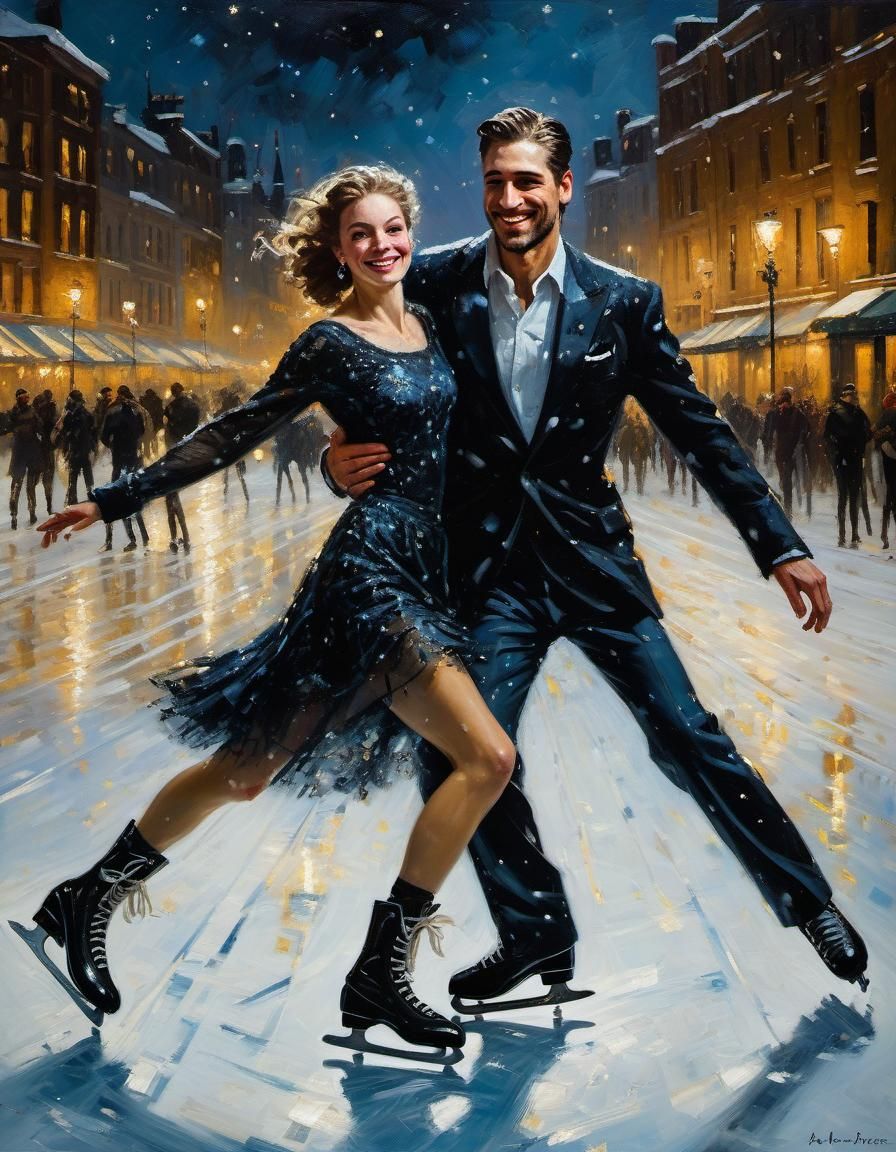 Ice Skater Under Starry Night, Oil Painting