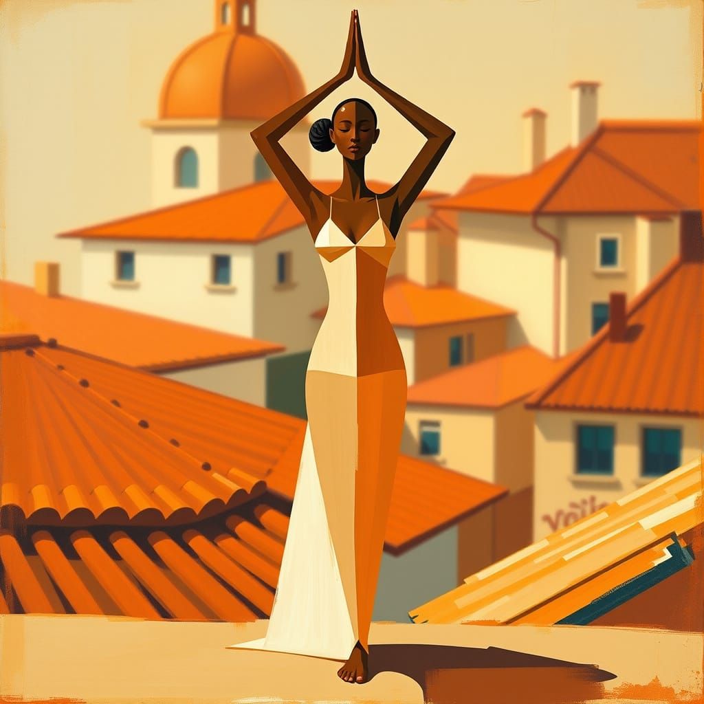 Yoga Figure with Cubist Elements in Impressionist Style