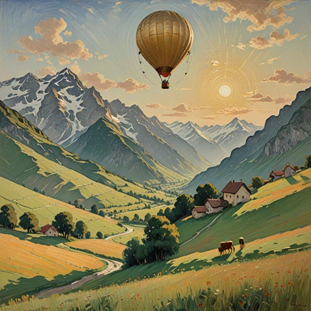 Impressionist Hot Air Balloon Over Swiss Alps