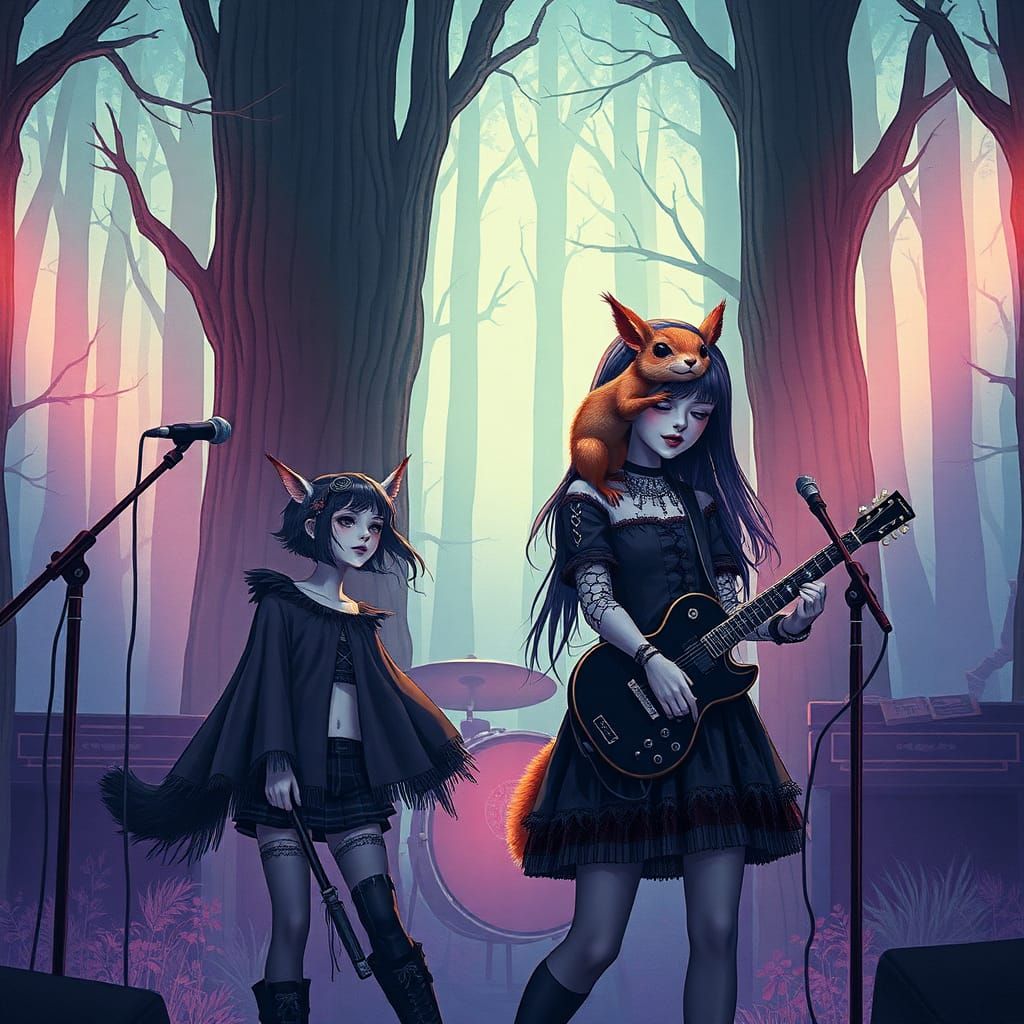 Goth Band Concert in Mystical Forest with Squirrel