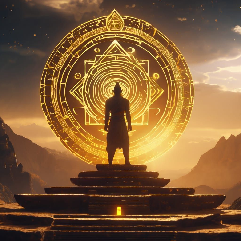 Arin at Sacred Mountain with Glowing Symbol