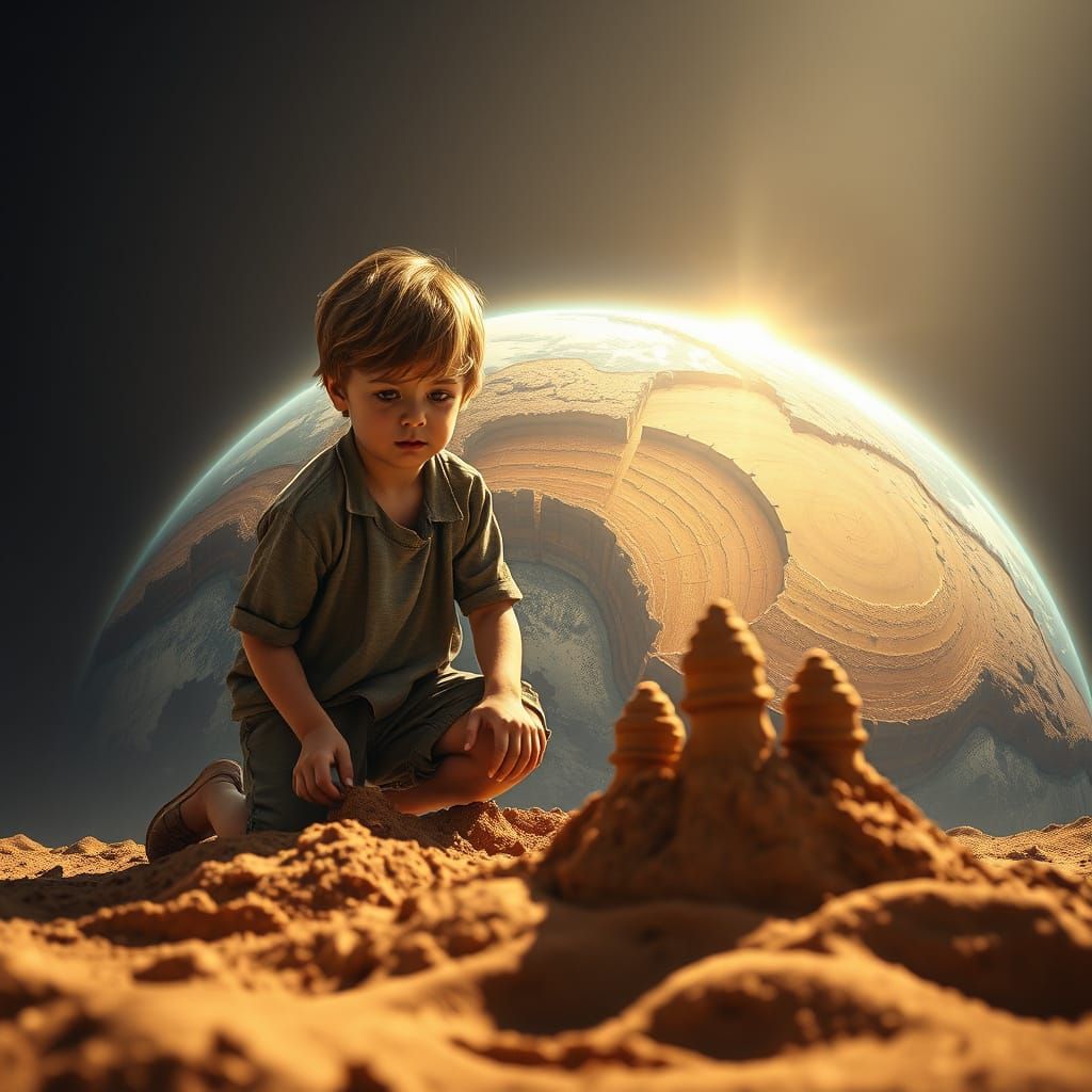 Two Young Boys Build Sandcastles on Earth's Surface in a Cin...